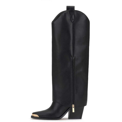Black Pointed Toe Chunky Heel Zip Western Knee High Boots for Women