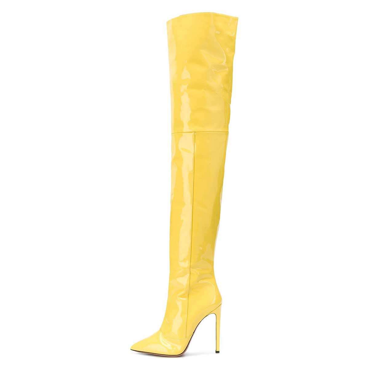 Yellow Patent Leather Thigh High Heel Boots