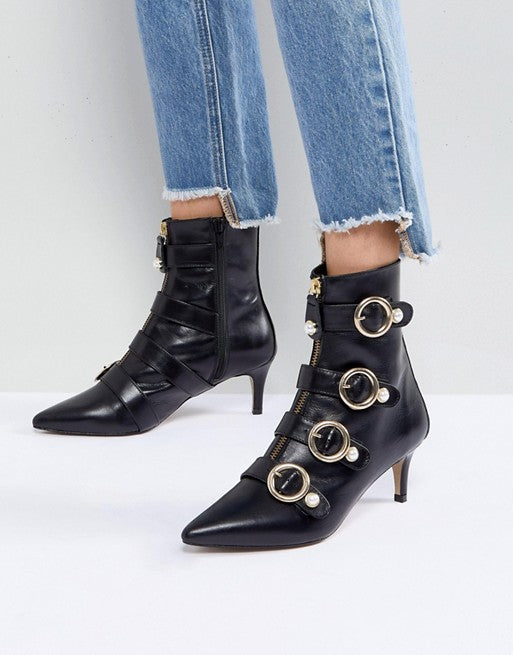 Black Pearl Buckles Kitten Heel Fashion Ankle Boots with Zip