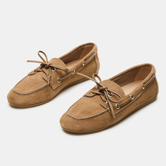 Khaki Grommet Lace Up Round Toe Flat Vegan Suede Loafers Women