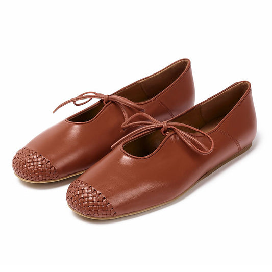 Comfortable Brown Woven Detail Round Toe Tie-Up Ballet Flats