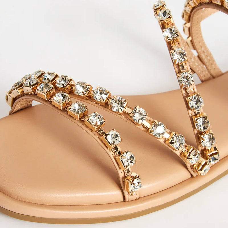Nude Patent Square Toe Buckle Sandals Rhinestones Summer Flats