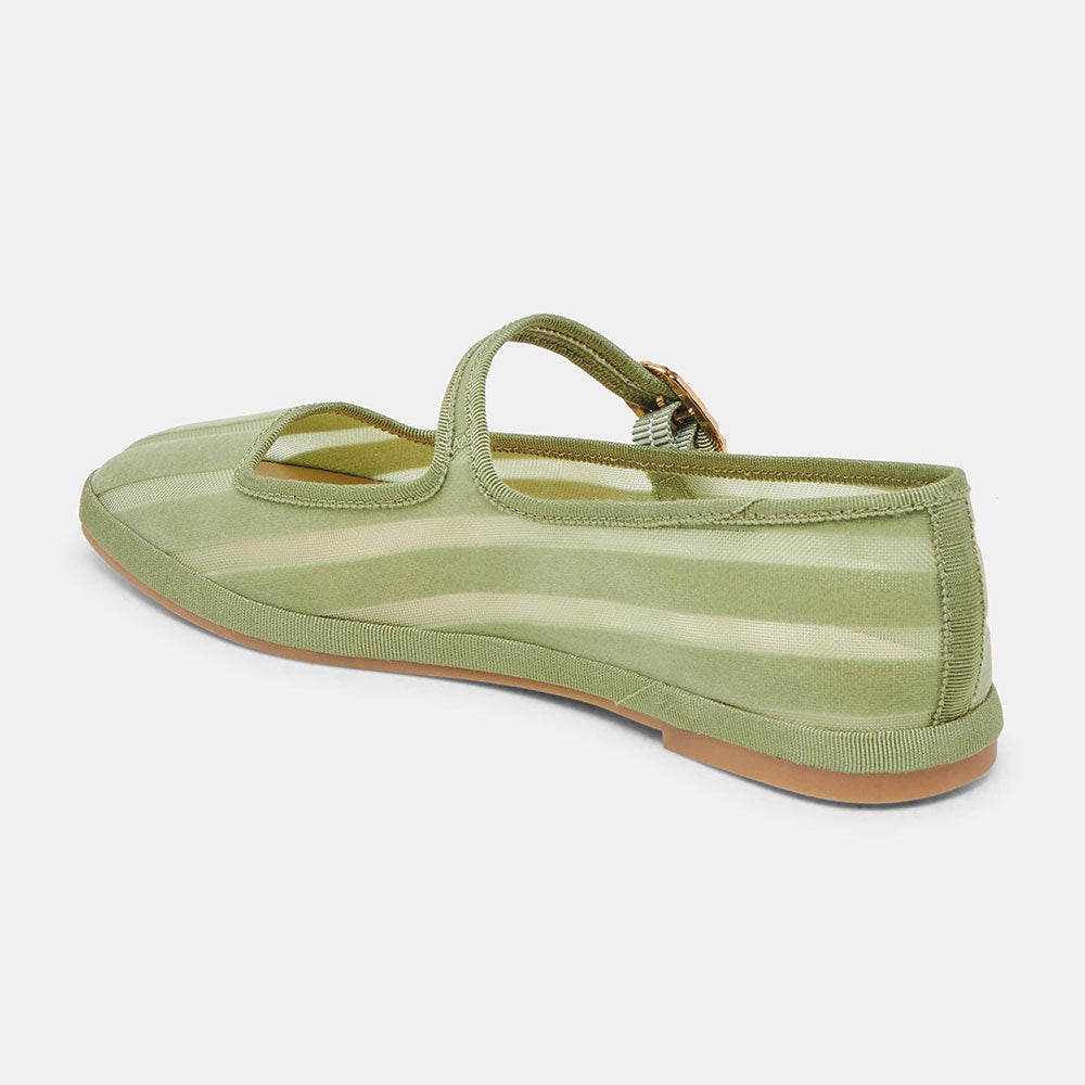 Classic Green Mesh Round Toe Stripes Buckle Strap Flats By FSJ