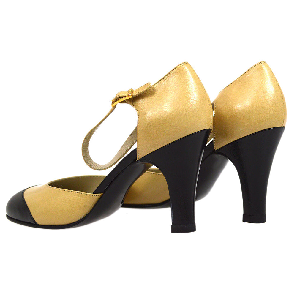 Yellow & Black Round Toe 3'' Block Heel Ankle Strap Pumps