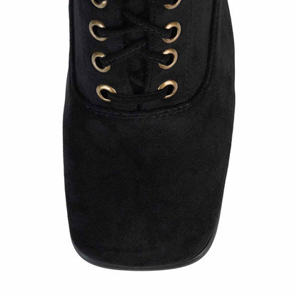 Black Lace Up Square Toe Chunky Heel Knee High Boots for Women