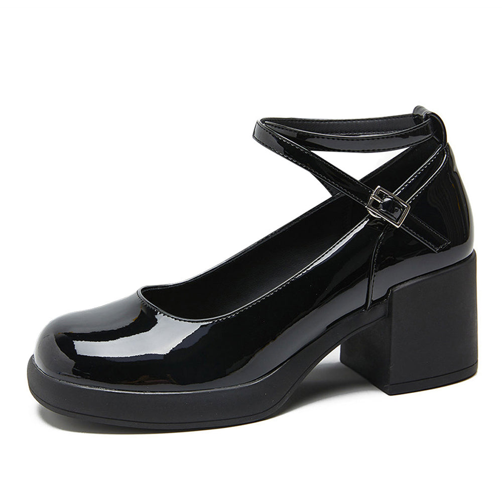 Black Closed Toe Chunky Heel Platform Ankle Strap Loafers