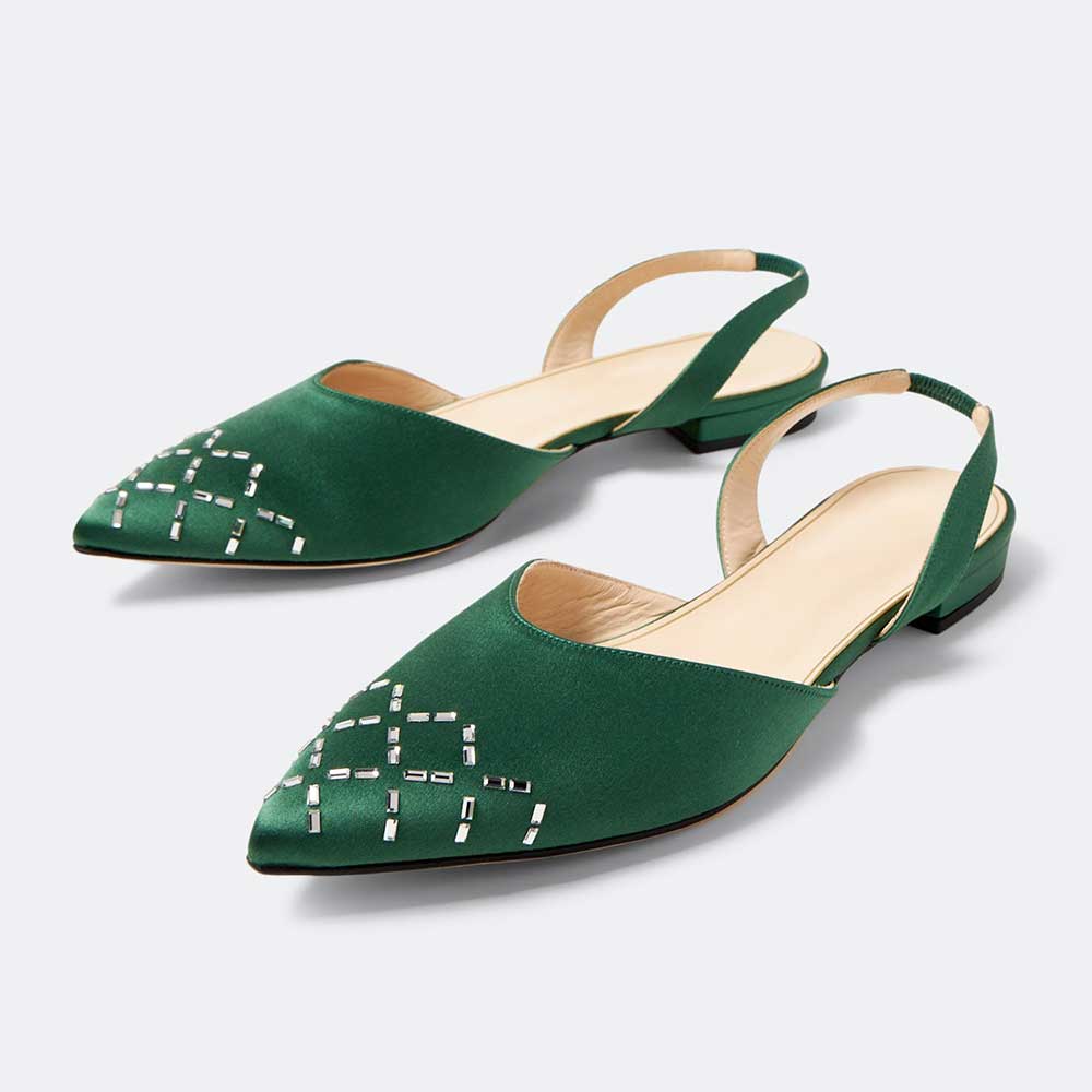Green Satin Crystal Embellished Pointed Toe Flats Slingback Shoes