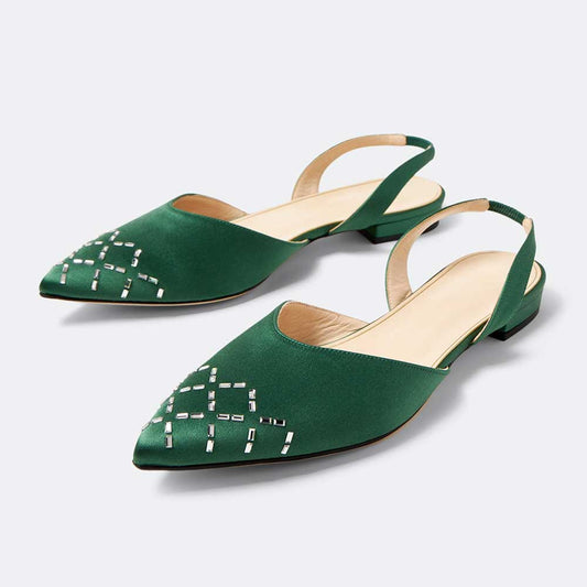 Green Satin Crystal Embellished Pointed Toe Flats Slingback Shoes