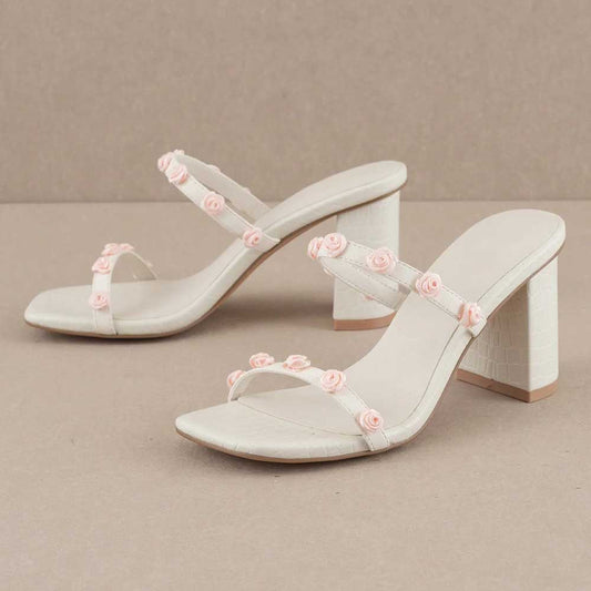 White Square Toe Dual Floral Straps Mules Sandals with Block Heel