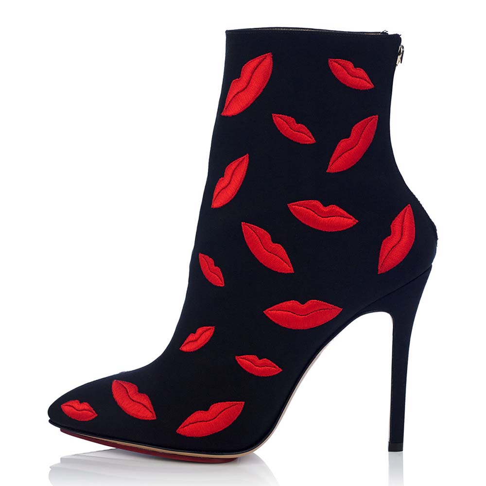 Black Ankle Boots Lips Embroidered Stiletto Heel Booties for Women
