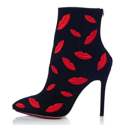 Black Ankle Boots Lips Embroidered Stiletto Heel Booties for Women