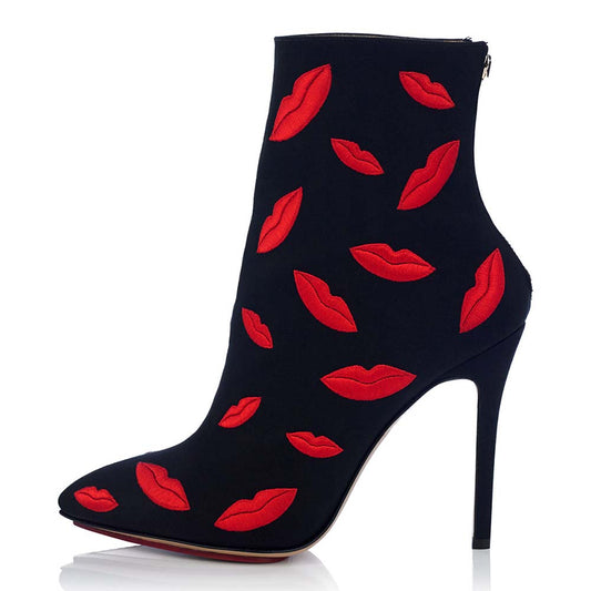 Black Ankle Boots Lips Embroidered Stiletto Heel Booties for Women