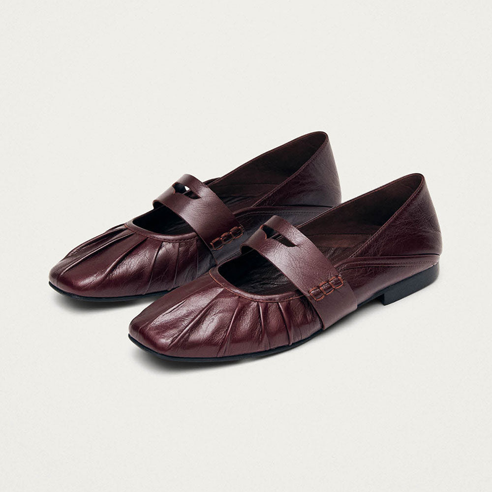 Vegan Leather Square Toe Mary Jane Maroon Ballet Flats with a Strap