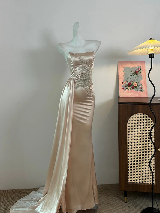 Elegant Champagne Mermaid Trailing Strapless Satin Long Prom Dress Evening Dress P4081