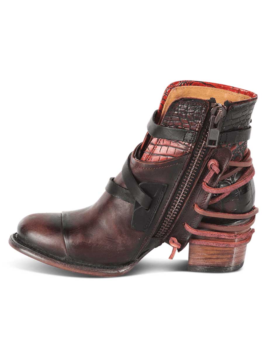 Brown Distressed Vegan Leather Round Toe Buckled Strappy Black Lacing Side-Zipper Ankle Boots With Chunky Heels