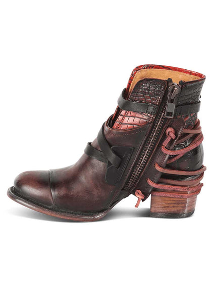 Brown Distressed Vegan Leather Round Toe Buckled Strappy Black Lacing Side-Zipper Ankle Boots With Chunky Heels