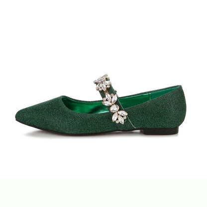 Green Glitter Pointed Toe Rhinestone Ballet Flats with Straps