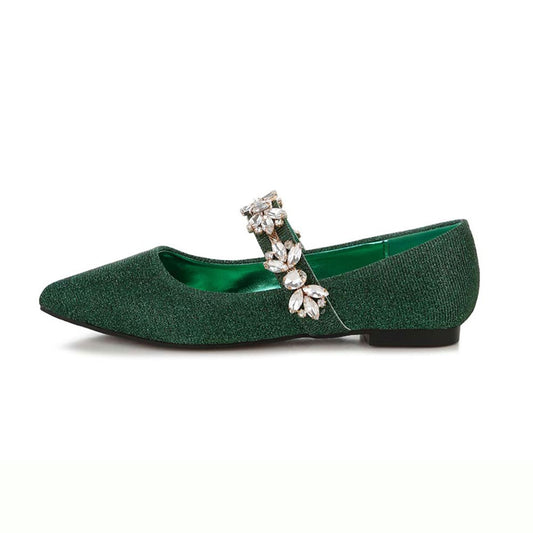 Green Glitter Pointed Toe Rhinestone Ballet Flats with Straps