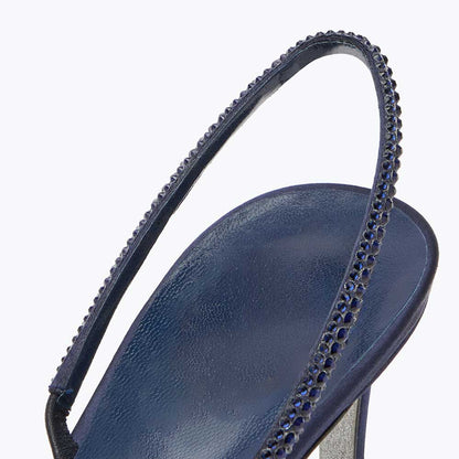 Women's Navy Satin Pointed Toe Rhinestone Kitten Heel Pumps