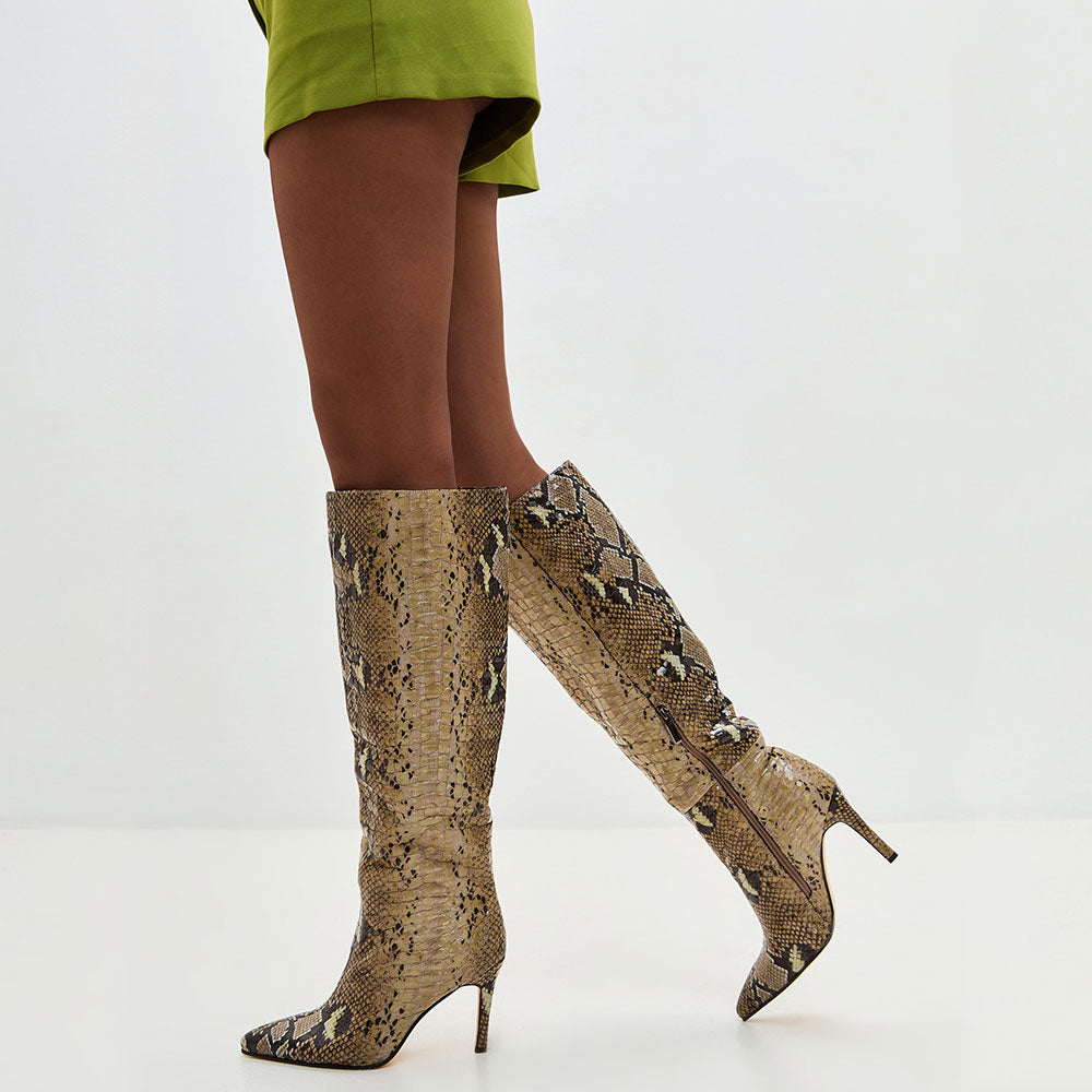 Snakeskin Embossed Stiletto Heel Pointed Toe Knee High Boots
