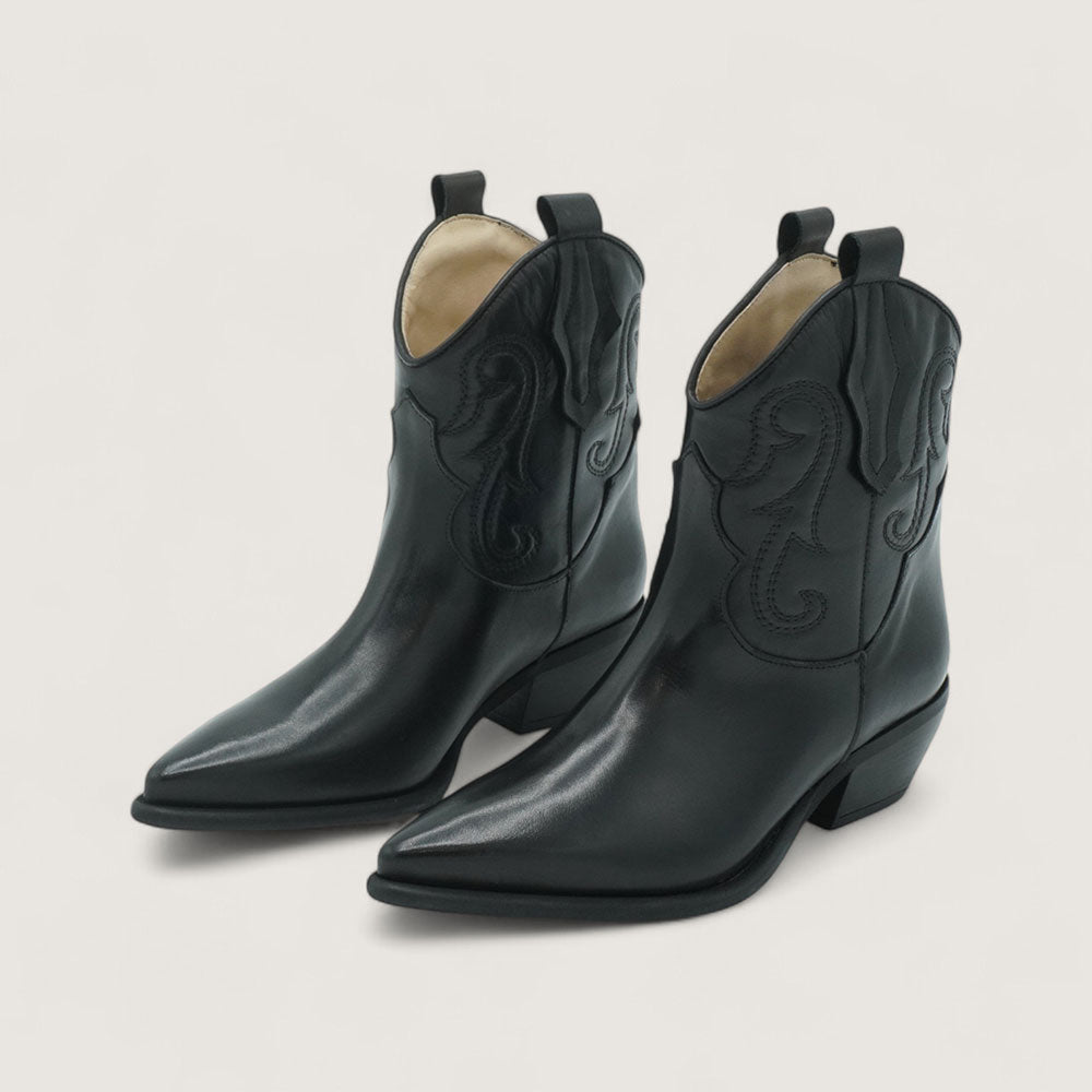 Black Pointed Toe Chunky Heel Embroidered Cowgirl Ankle Boots for Women