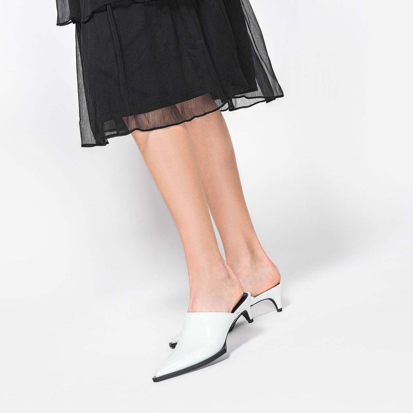 White Pointy Toe Kitten Heel Mules for Women