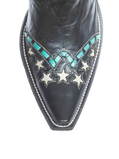 Black Vegan Leather Snip Toe Star Patch-Work Cowgirl Ankle Boots With Chunky Heels