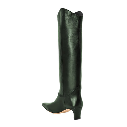 Dark Green Vegan Leather Knee High Boots for Women with Square Toe