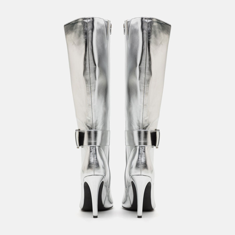 Silver Stiletto Heel Zipper Pointed Toe Buckle Strap Mid Calf Boots