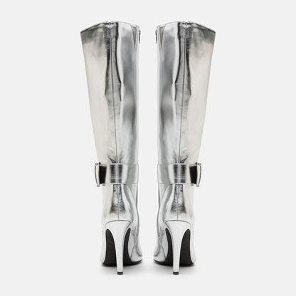 Silver Stiletto Heel Zipper Pointed Toe Buckle Strap Mid Calf Boots