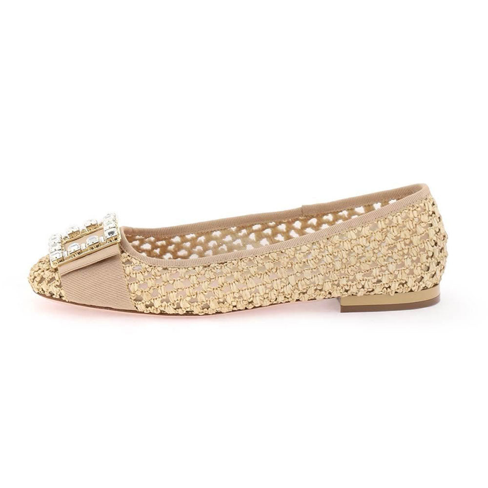 Beige Raffia Square Toe Crystal Embellished Buckle Women's Dress Flats