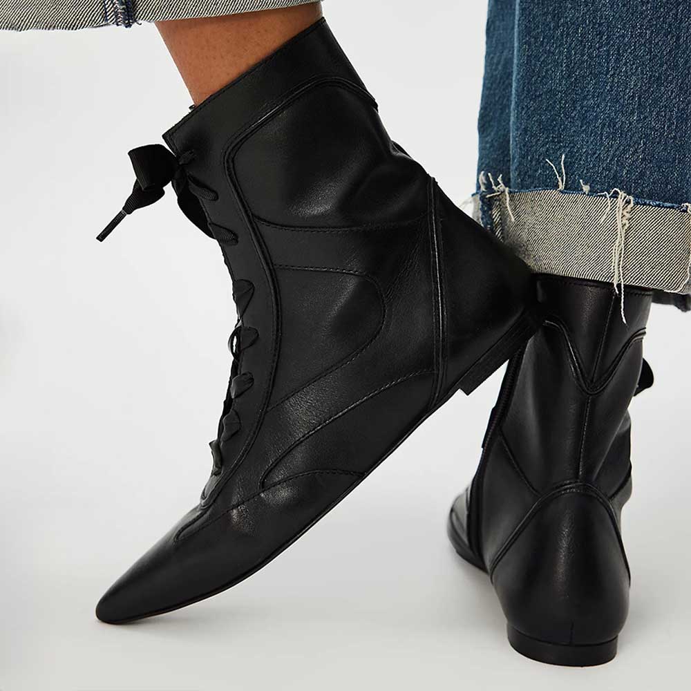Black Pointed Toe Lace-Up Flat Ankle Boots for Women with Side Zipper