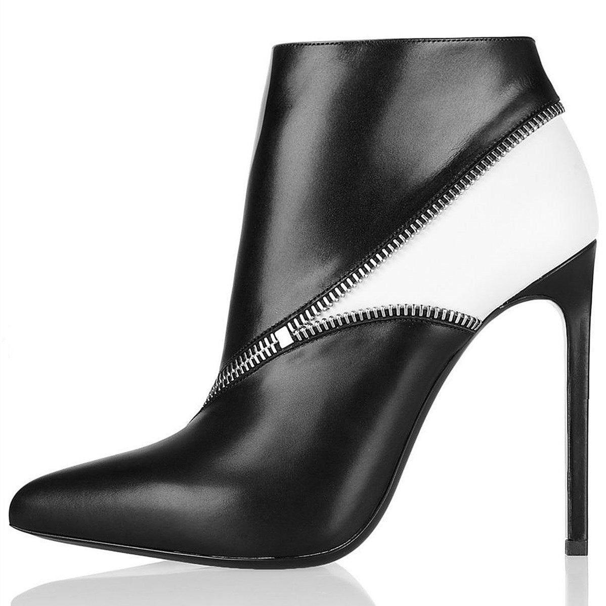 Black and White Zip Style Stiletto Heel Ankle Boots