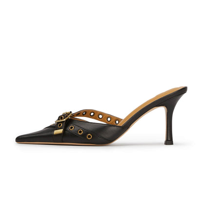 Black  Closed Pointed Toe Mules with Chain Detail