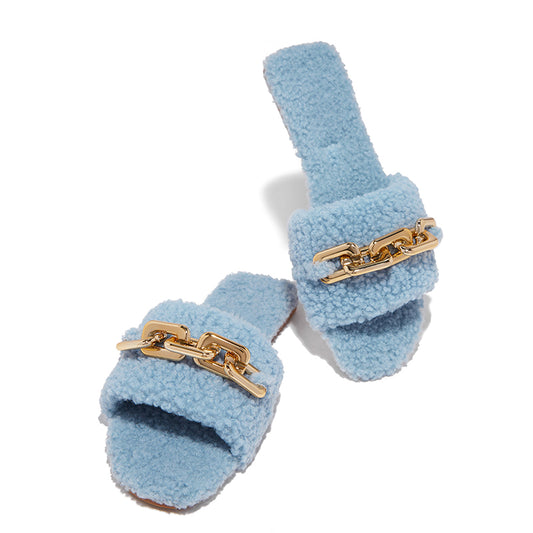 Blue Lambswool Flats Women's Open Toe Metal Buckle Mules