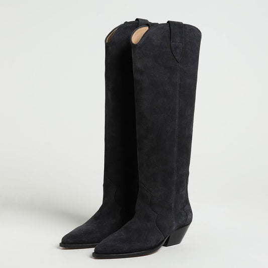 Black Velvet Pointed Toe Chunky Heel Wide Calf Knee High Cowgirl Boots