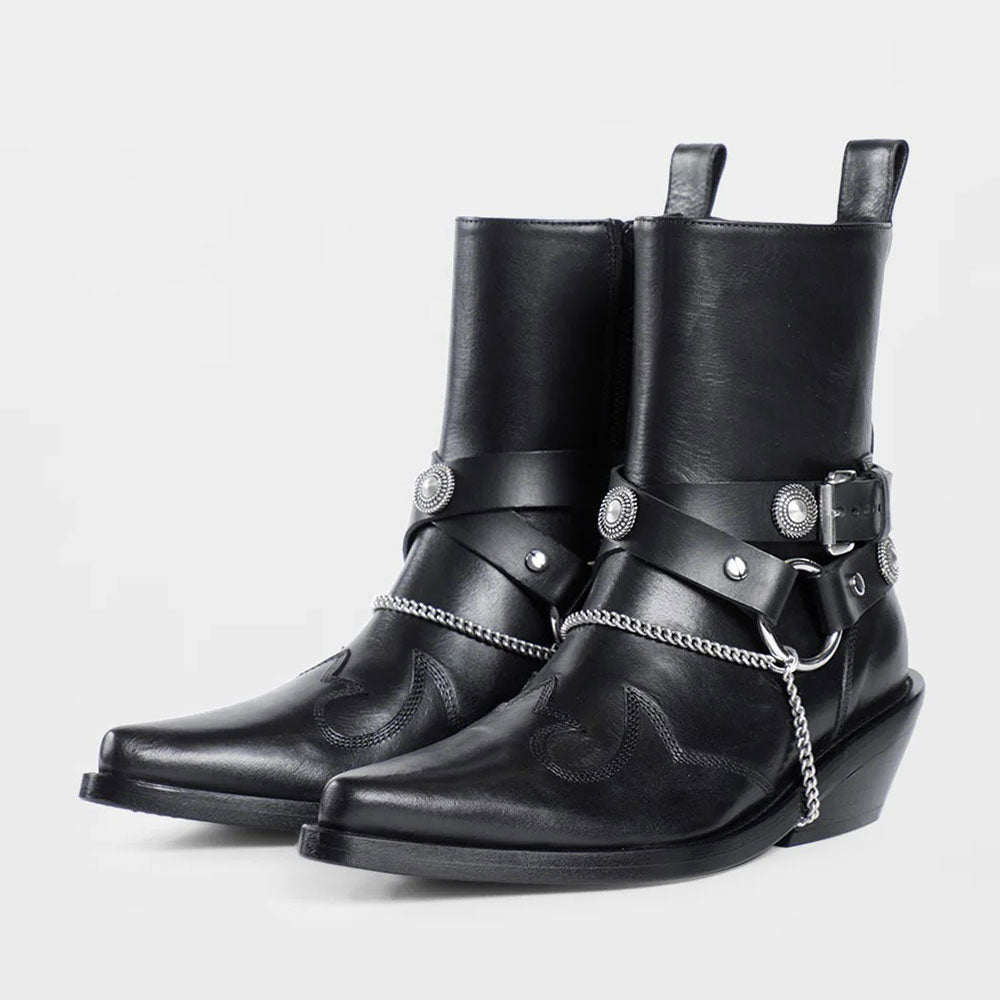 Black Pointed Toe Chain Chunky Heel Hardware Decor Strap Ankle Boots
