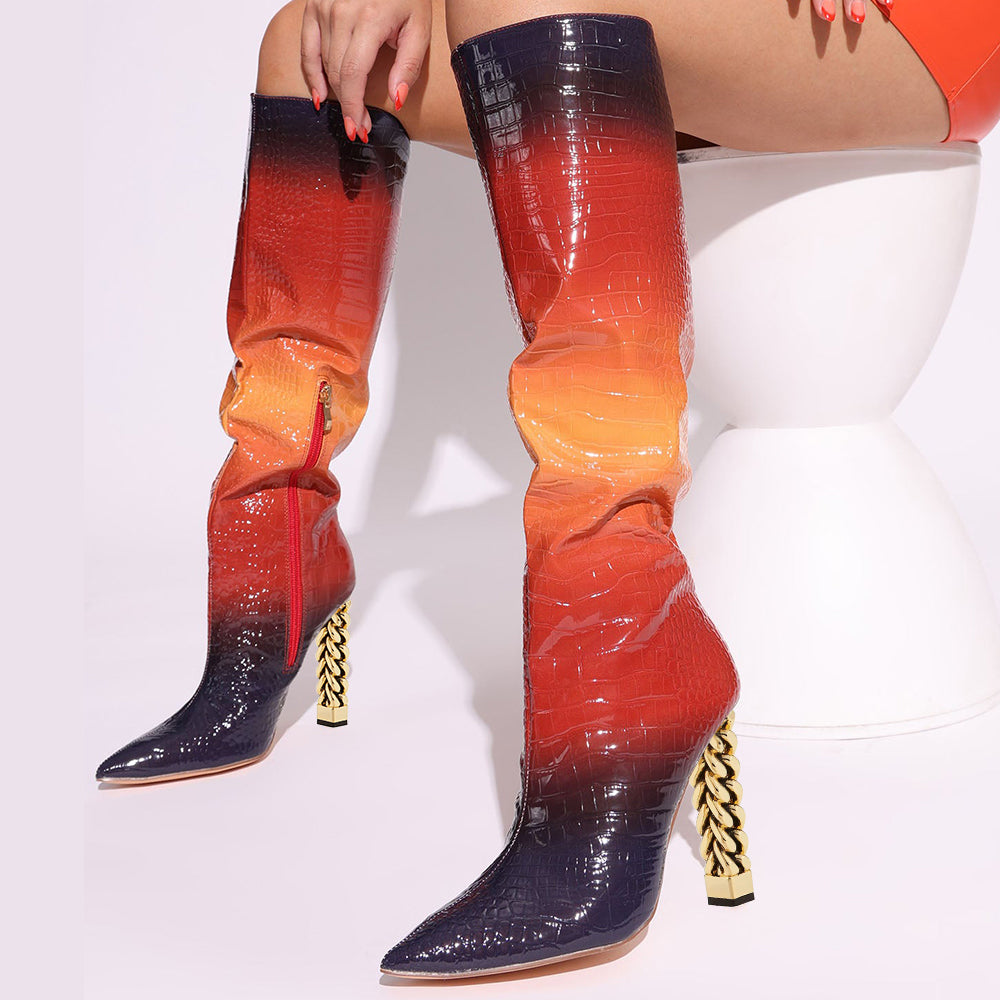 Women's Gradient Croco Embossed Decorative Heel Knee High Boots