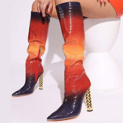 Women's Gradient Croco Embossed Decorative Heel Knee High Boots