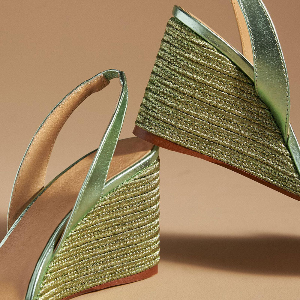 Green Woven Raffia Open Square Toe Slingback Wedge Sandals