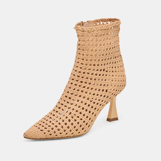 Tan Pointed Toe Woven Flared Heel Zipper Short Boots for Women