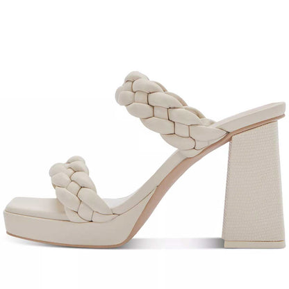 Beige Braided Chunky Heels Square Toe Platform Shoes Vintage Mules