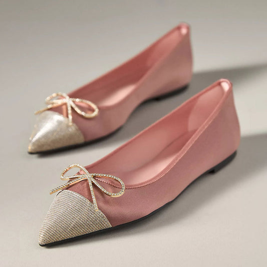 Stylish Pink Satin Glitter Cap Toe Flats with Rhinestone Bow