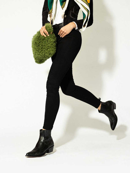 Black Vegan Leather Croc-Embossed Block Heel Cowgirl Ankle Boots