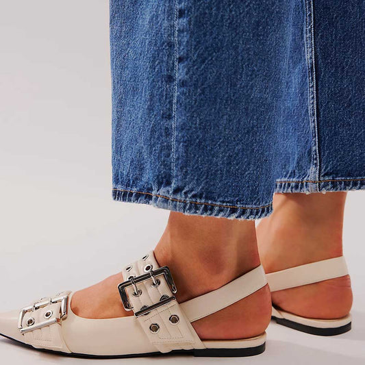 Ivory Pointed Toe Double Grommet Buckle Strap Slingback Flats