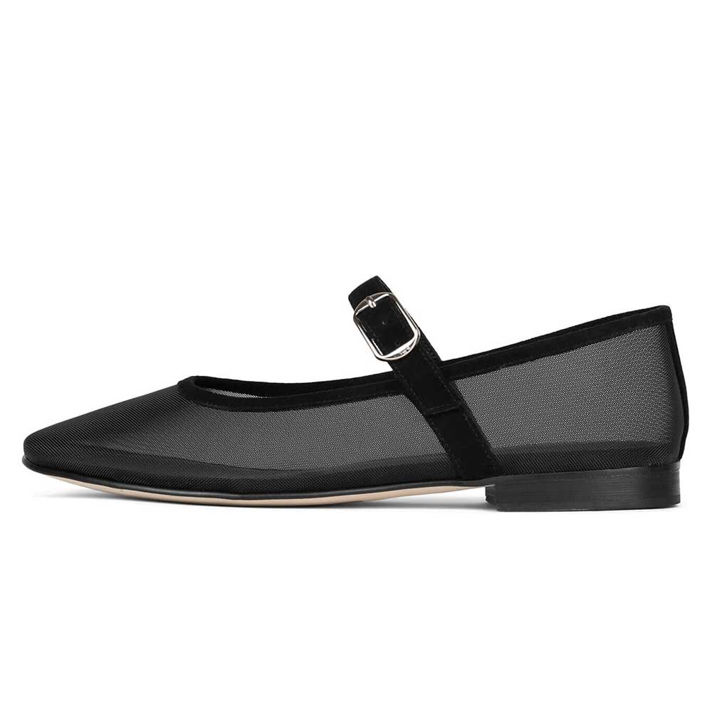 Black Mesh Round Toe Mary Jane Ballet Flats