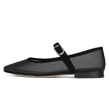 Black Mesh Round Toe Mary Jane Ballet Flats