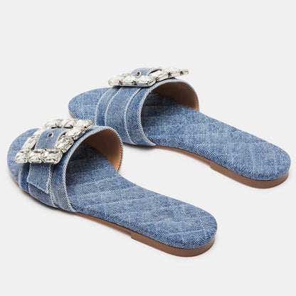 Women's Denim Square Toe Rhinestone Embellished Buckle Flat Slippers
