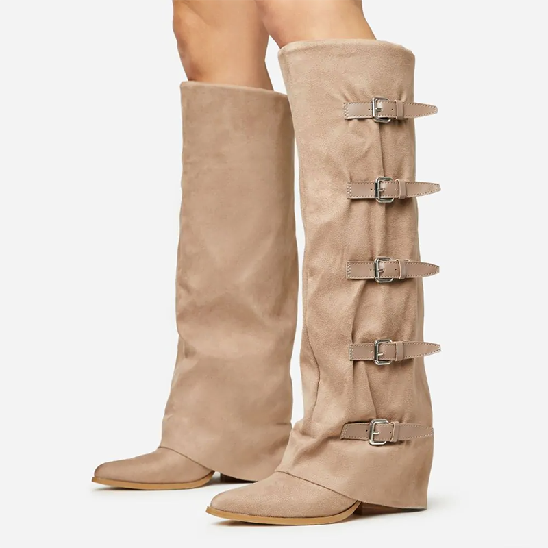 Khaki Vegan Suede Pointed Toe Chunky Heel Cowgirl Knee High Boots