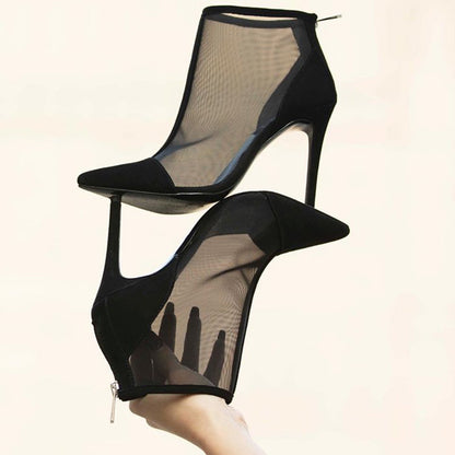 Black Mesh Pointed Toe Zipper Stiletto Heel Party  Ankle Boots
